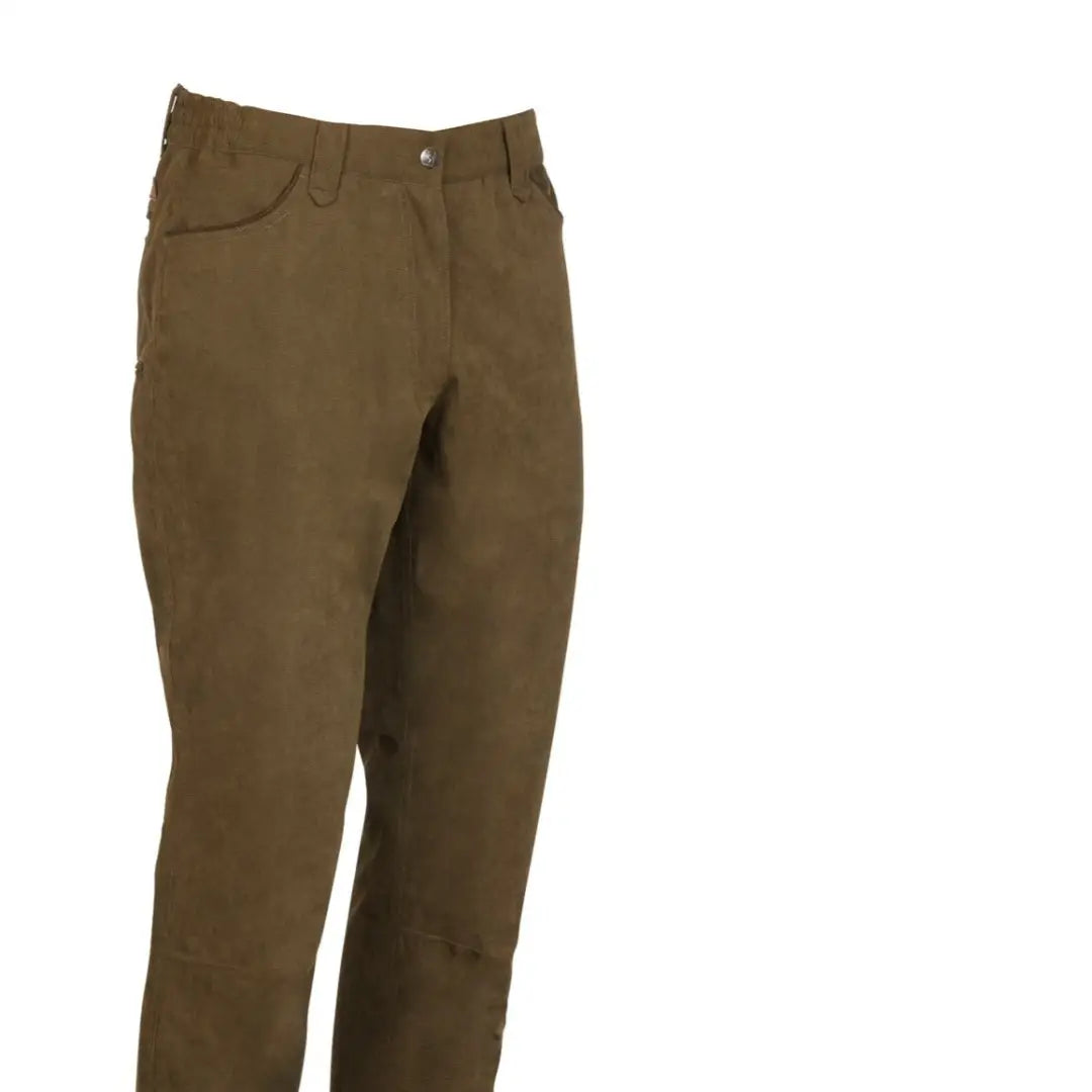 Pair of brown Percussion Rambouillet trousers with taped seams for stylish country clothing