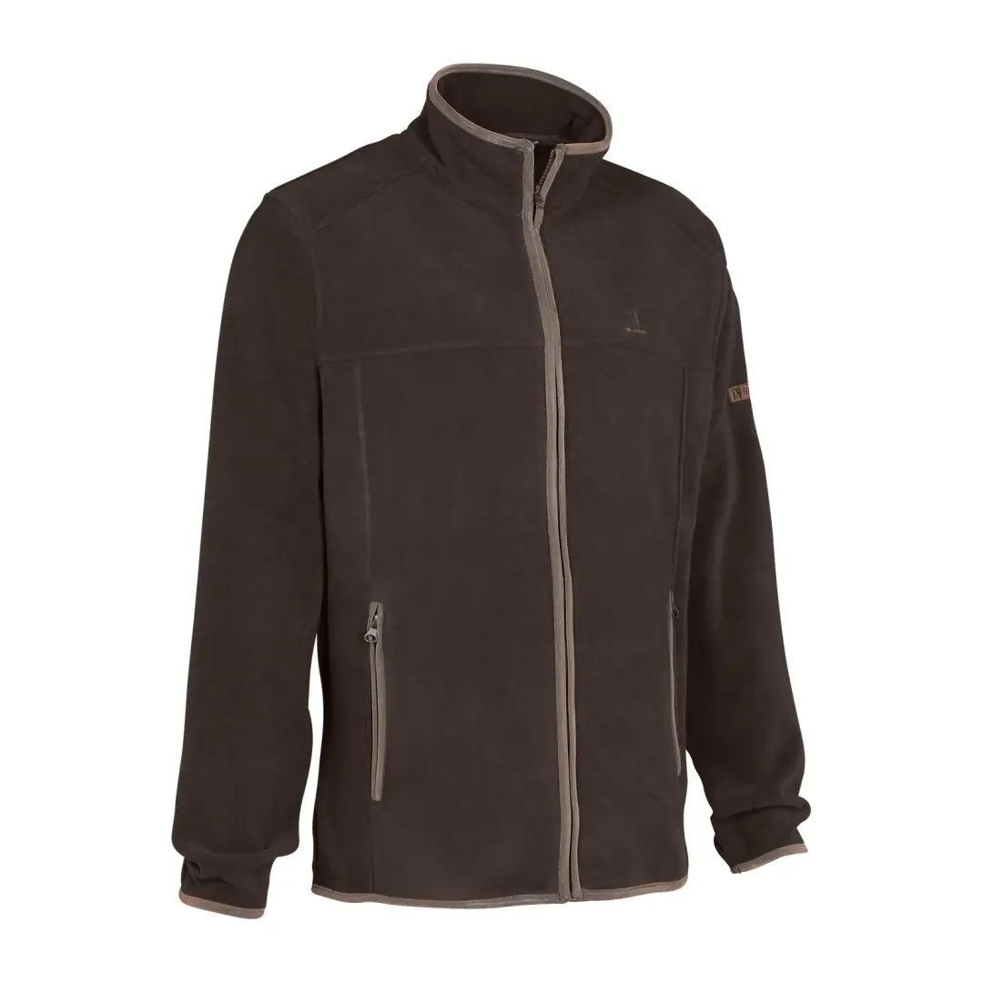 Dark brown Percussion Scotland fleece jacket with zipped hand pockets and stand-up collar