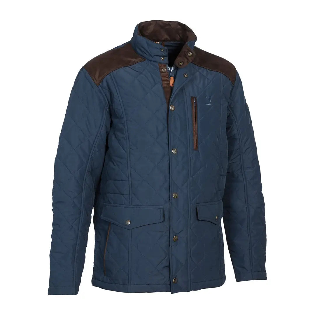 Blue Percussion Stallion quilted jacket with brown patches, perfect for country clothing