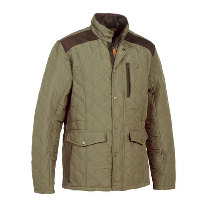 Olive green Percussion Stallion quilted jacket with brown patches and pockets