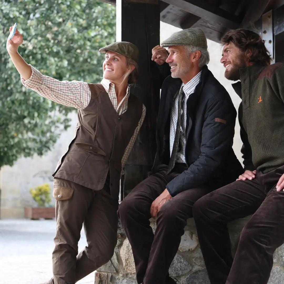 Three guys in period clothing taking a selfie with the Percussion Stallion Quilted Jacket