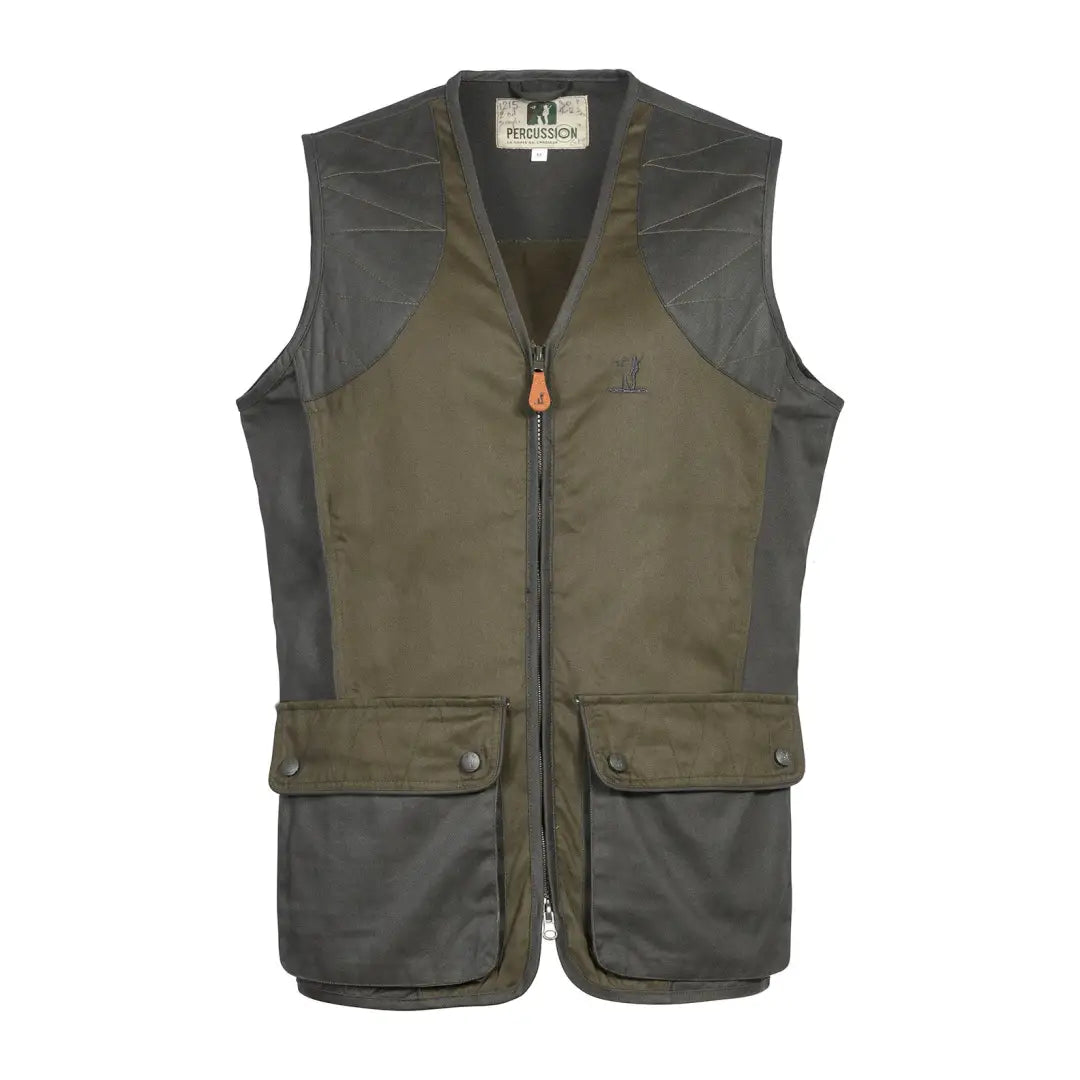 Olive green and gray Percussion Traditional Hunting Vest with pockets and zipper closure