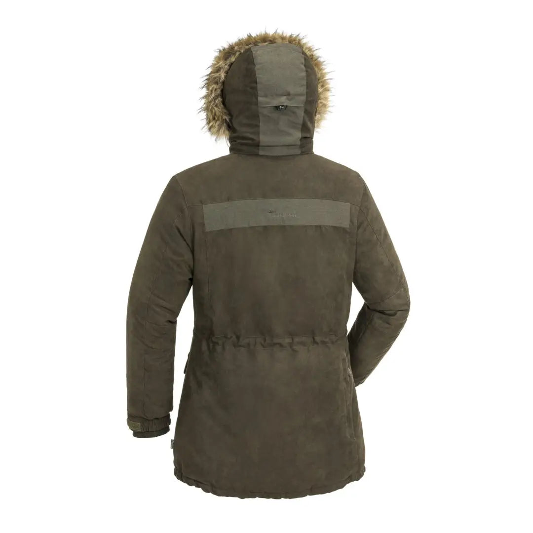 Olive green Pinewood Abisko 2.0 Ladies Hunting Jacket with a fur-trimmed hood