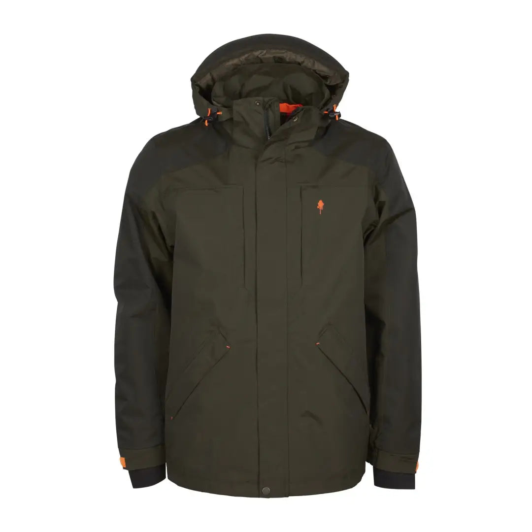 Dark green Pinewood Bolmen Fishing Jacket with hood and orange logo detail