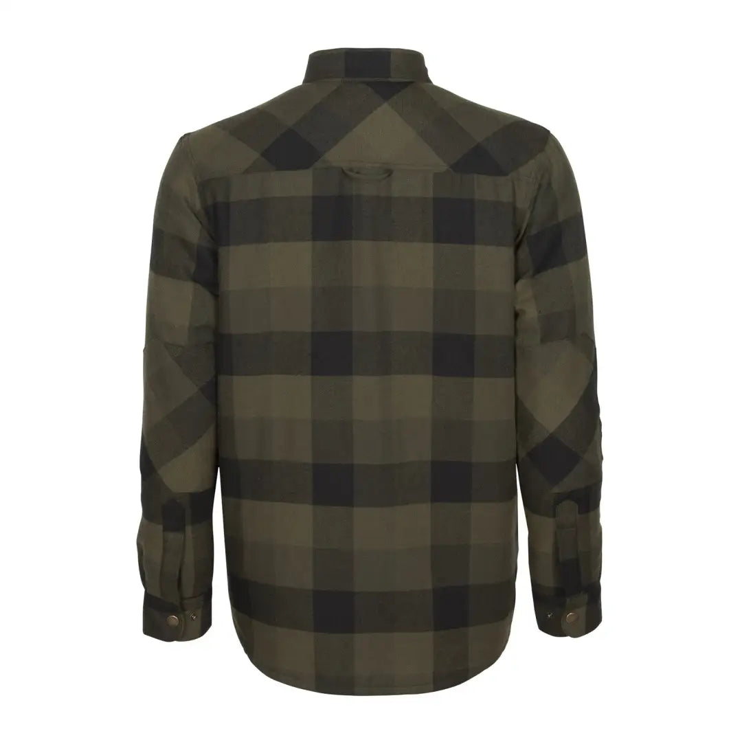 Olive green and black plaid flannel shirt perfect for country clothing and hunting adventures