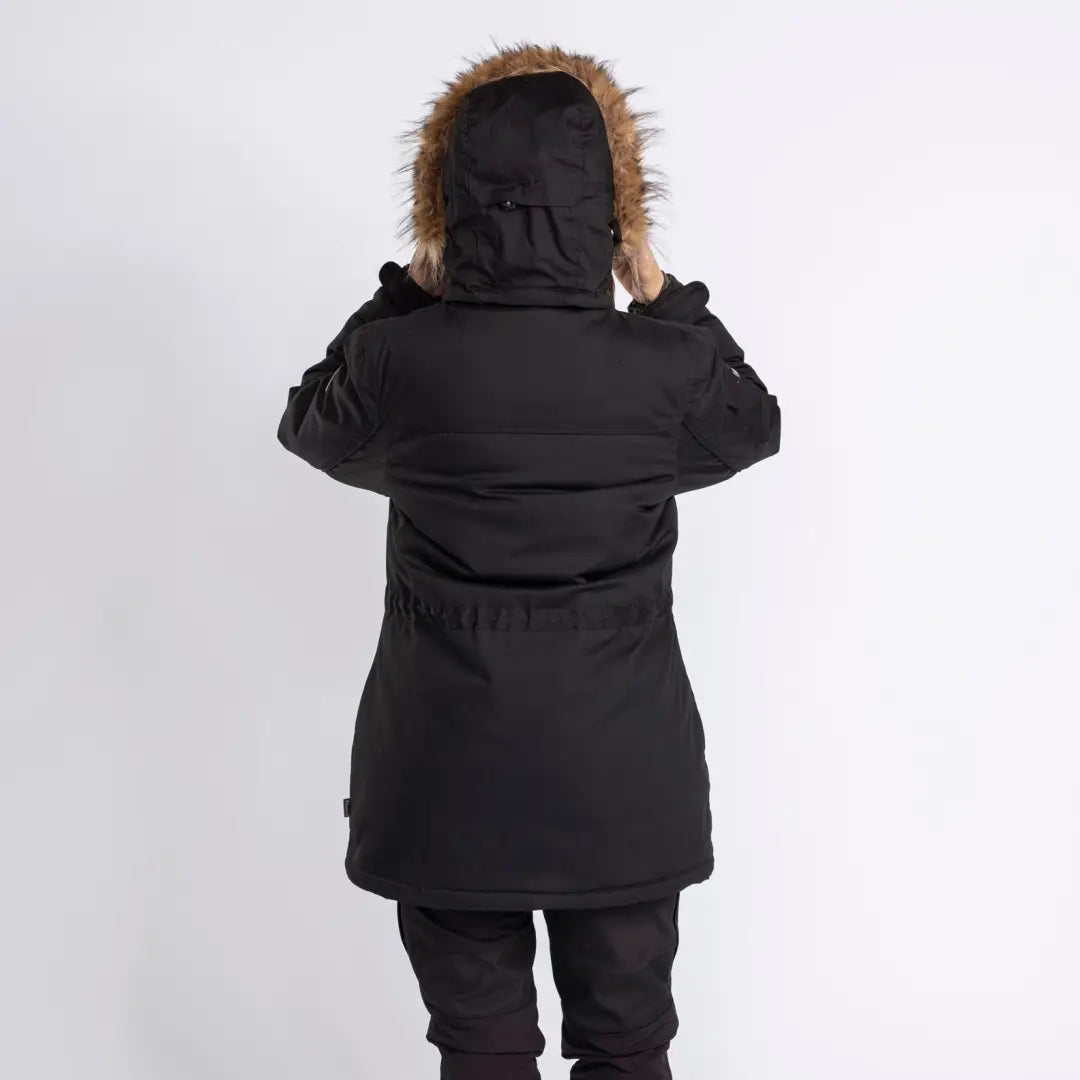 Black Finnveden Winter Parka with fur-trimmed hood shown from the back