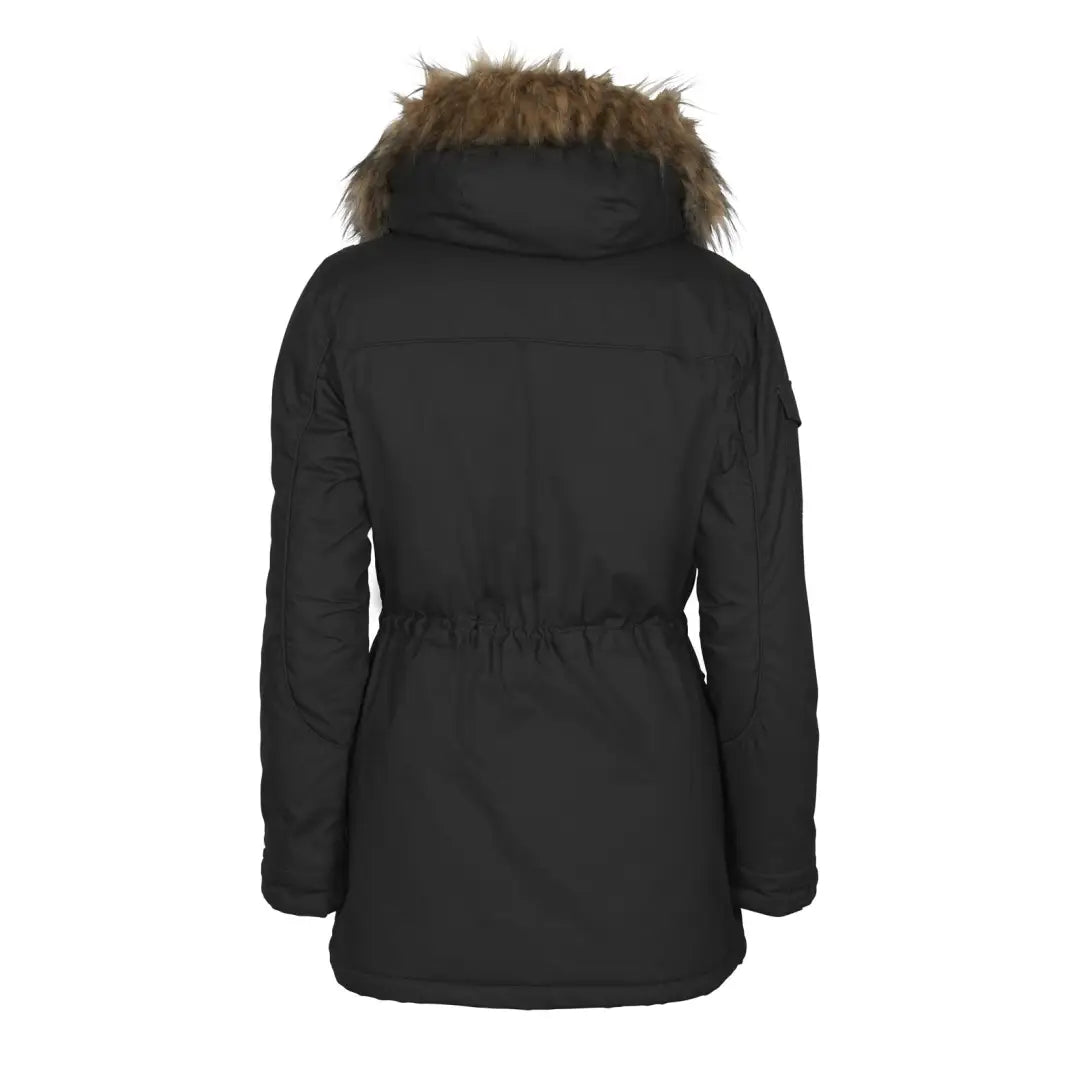 Stylish black Pinewood Ladies Finnveden Winter Parka with fur-trimmed hood and cinched waist