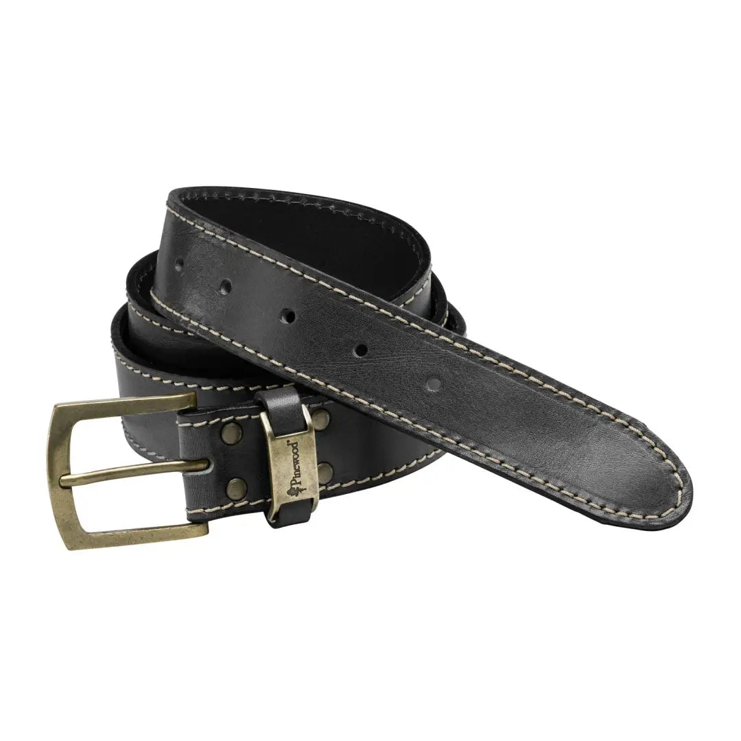 Black leather Pinewood Prestwick Belt with brass buckle, perfect for country clothing and outdoors