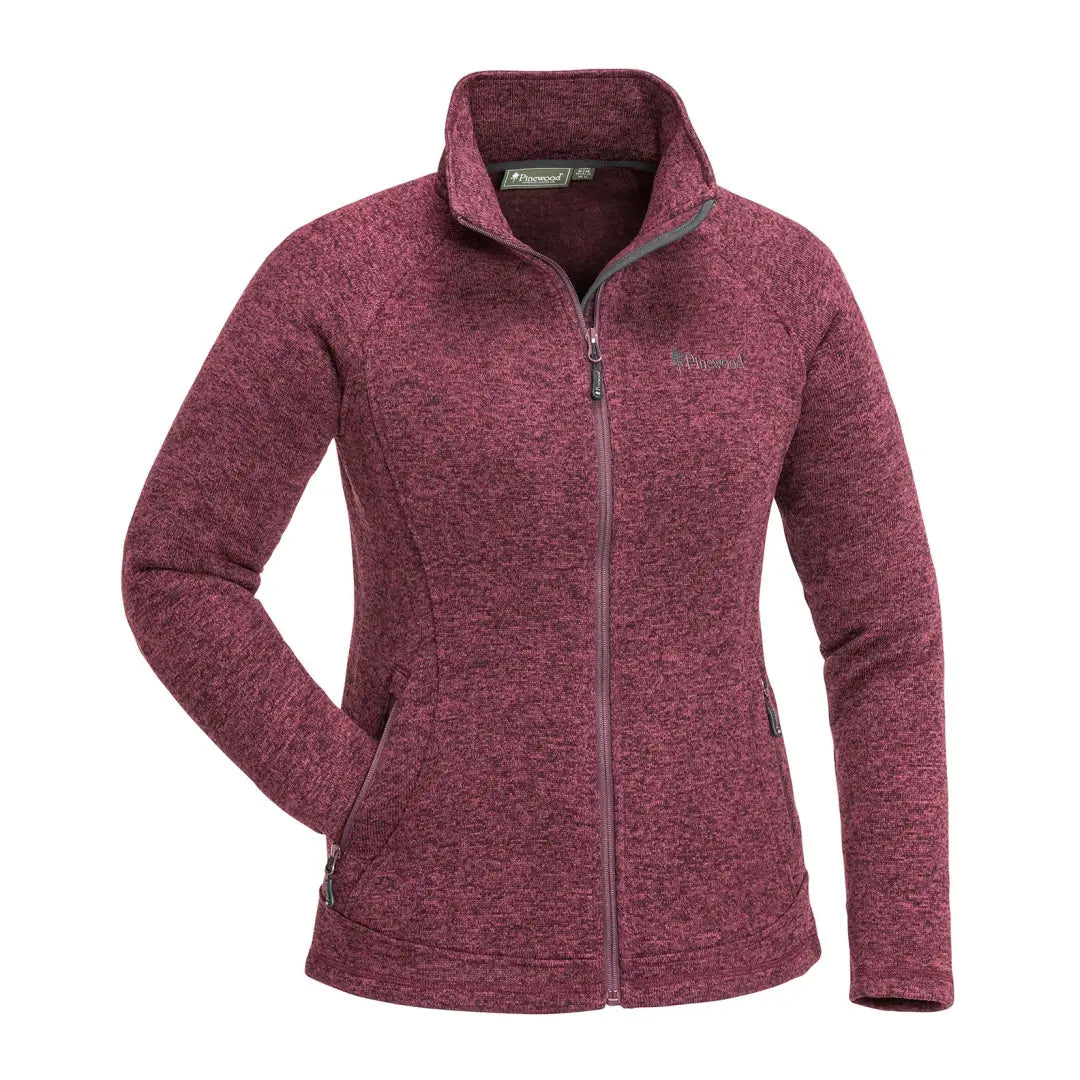 Burgundy fleece jacket with full-length zipper and stand-up collar in melange fabric