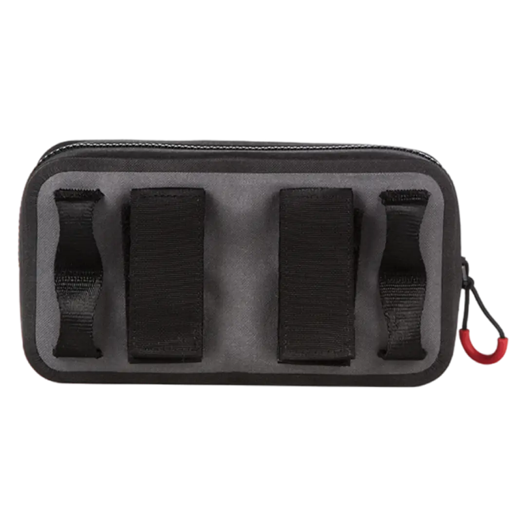 Gray waterproof dry pouch with black straps and a red pull tab for easy access