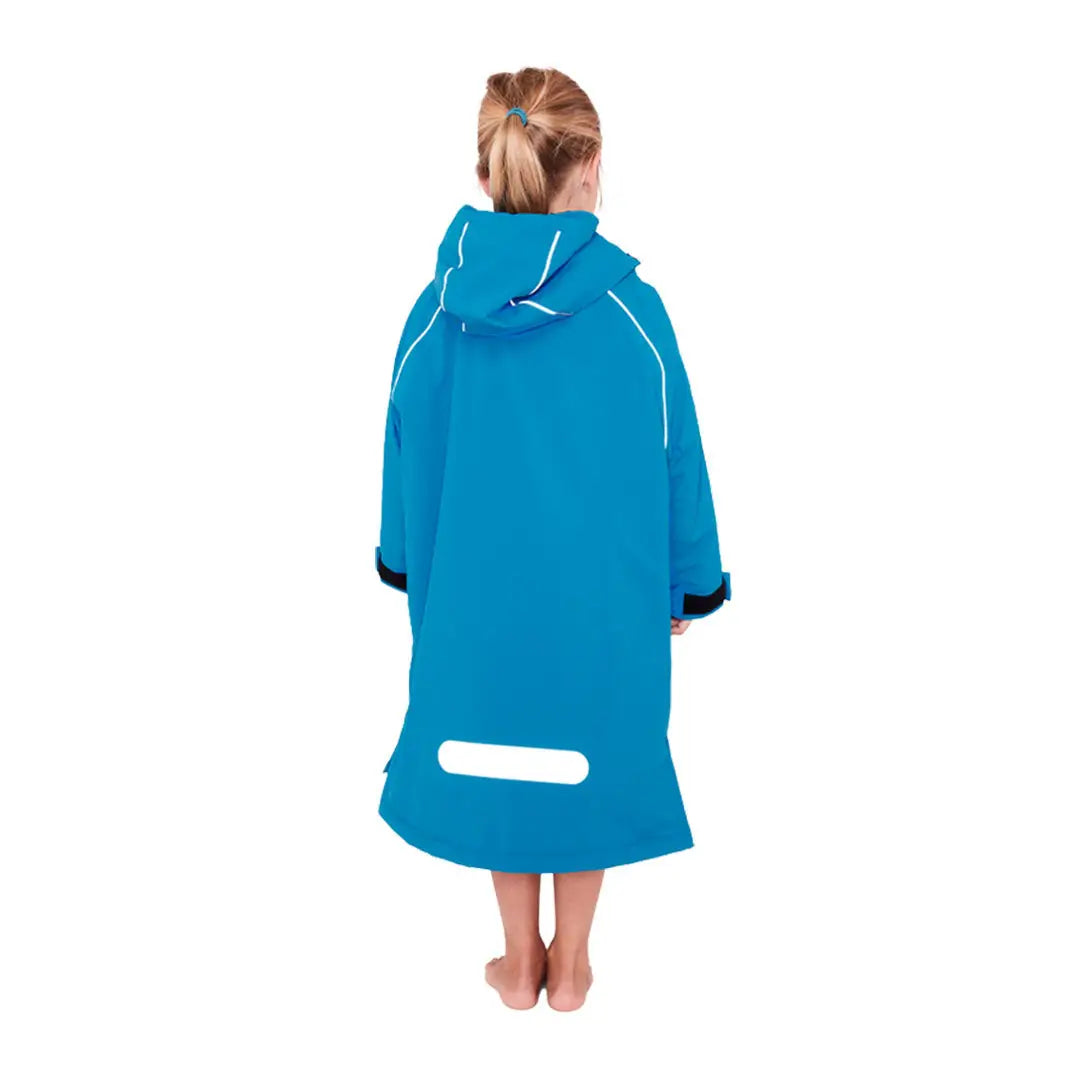 Bright blue Kids Dry Poncho hoodie robe seen from behind, perfect for drying off kids