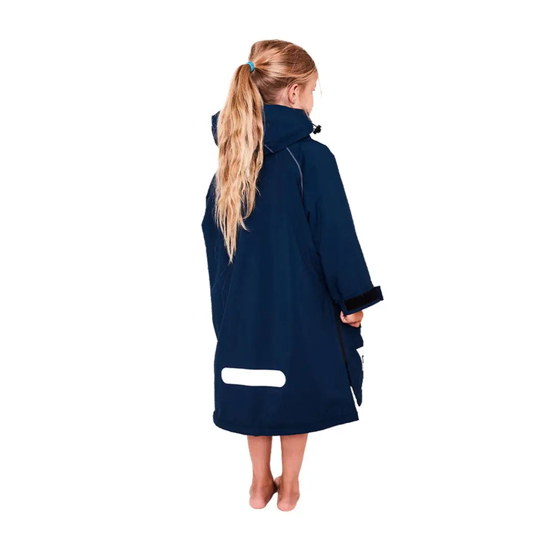 Navy blue towel robe with white stripe on long blonde hair person, perfect for kids dry poncho