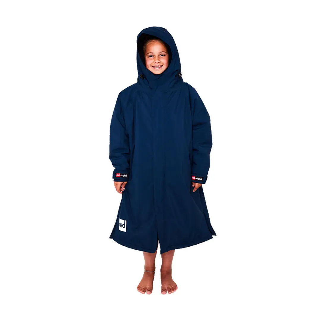 Navy blue hooded towel on child, featuring the Red Kids Dry Pro Robe design