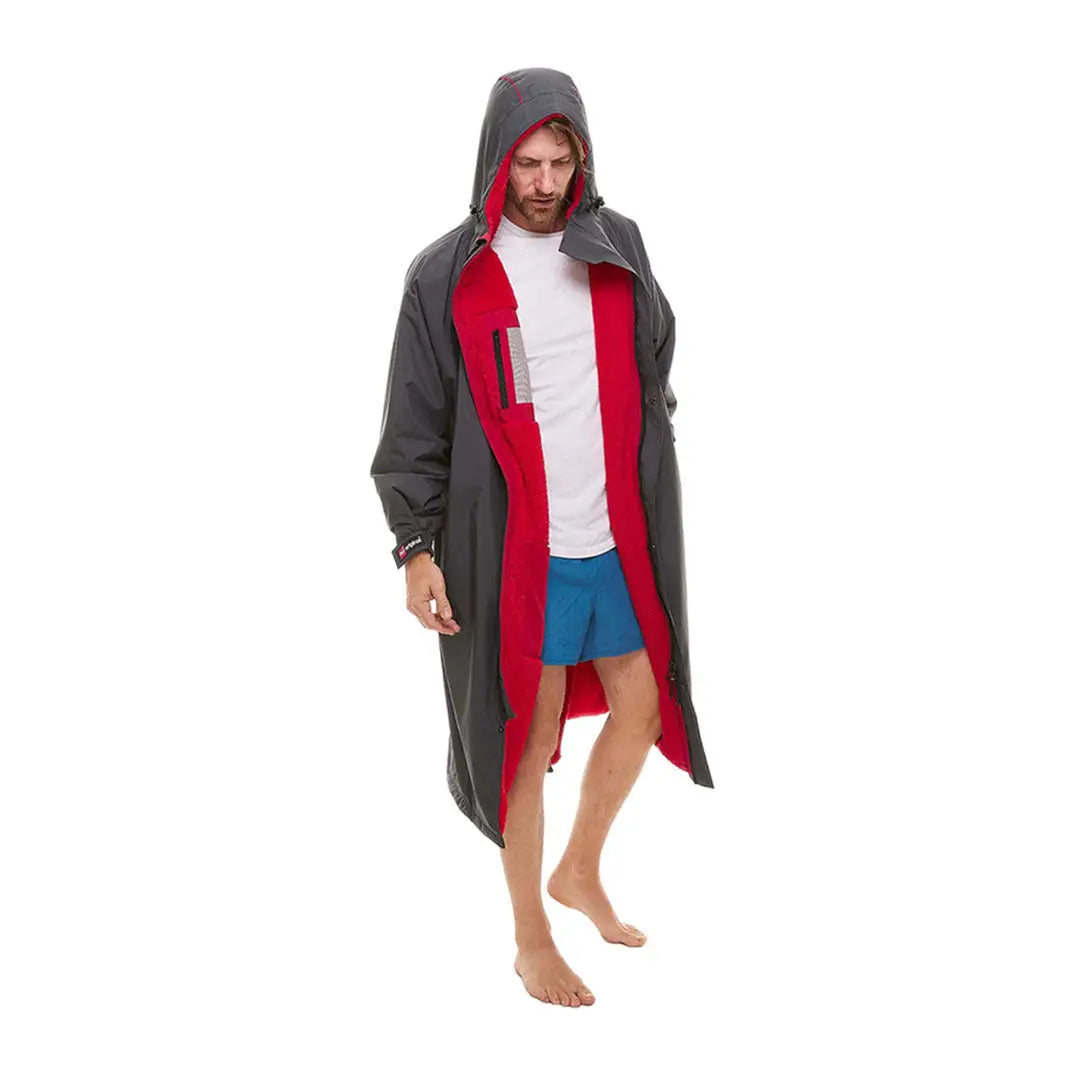 Long hooded changing robe in gray with red lining, perfect for all your Evo evolves needs