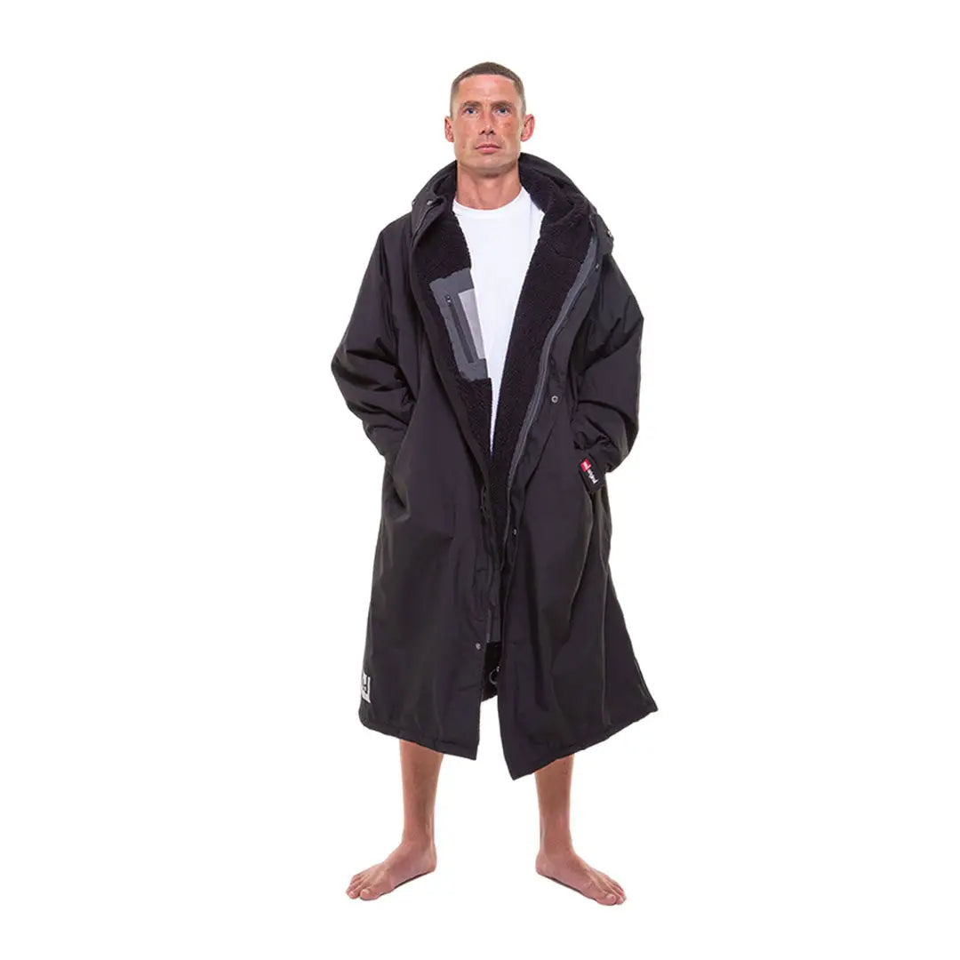 Dark gray change robe with wide collar worn barefoot, perfect for stylish comfort