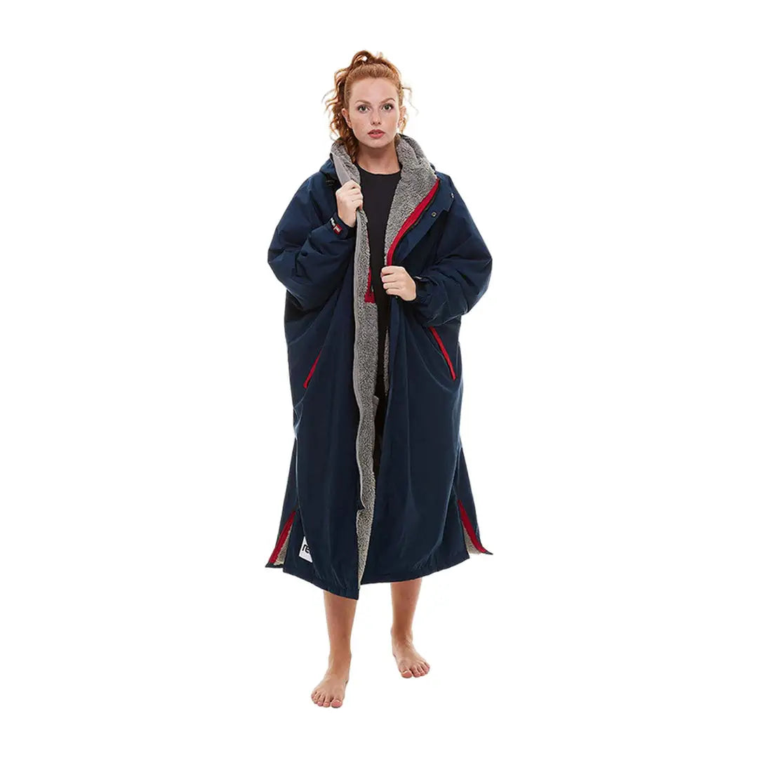 Long navy blue changing robe with red trim and gray lining for comfy style in Evo evolves