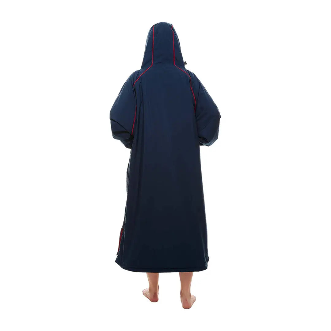 Navy blue changing robe with red trim, perfect for post-swim cozy vibes