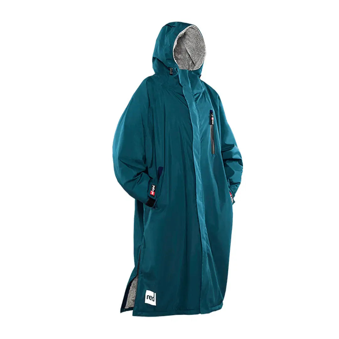 Teal hooded waterproof coat with fleece lining, perfect change robe for outdoor adventures