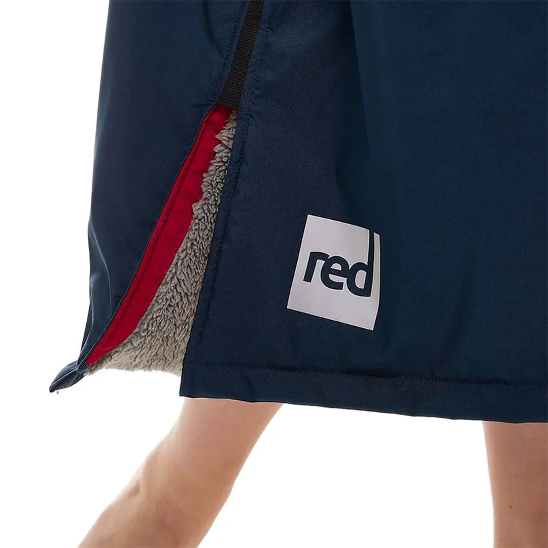 Navy blue changing robe with red logo and side slit from Red Pro Change Long Sleeve Evo Jacket