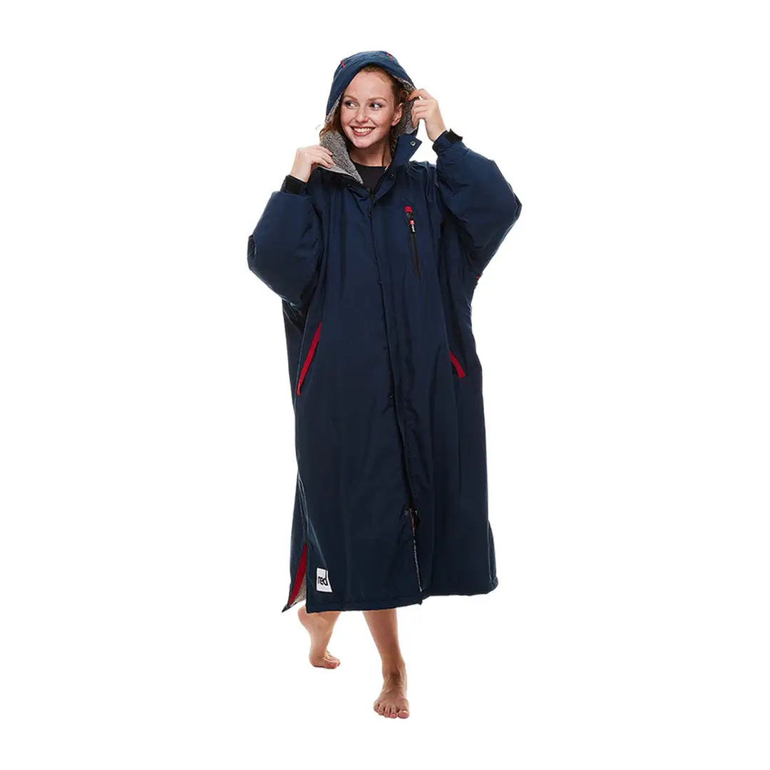 Navy blue changing robe with red accents in the Red Pro Change Long Sleeve Evo Jacket