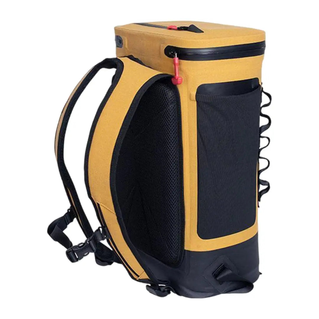 Yellow and black waterproof cool bag backpack with zippered compartments and side pockets