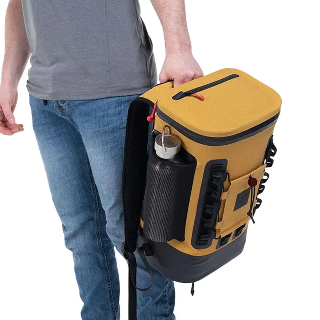 Stylish yellow and black cool bag backpack with pockets and water bottle holder