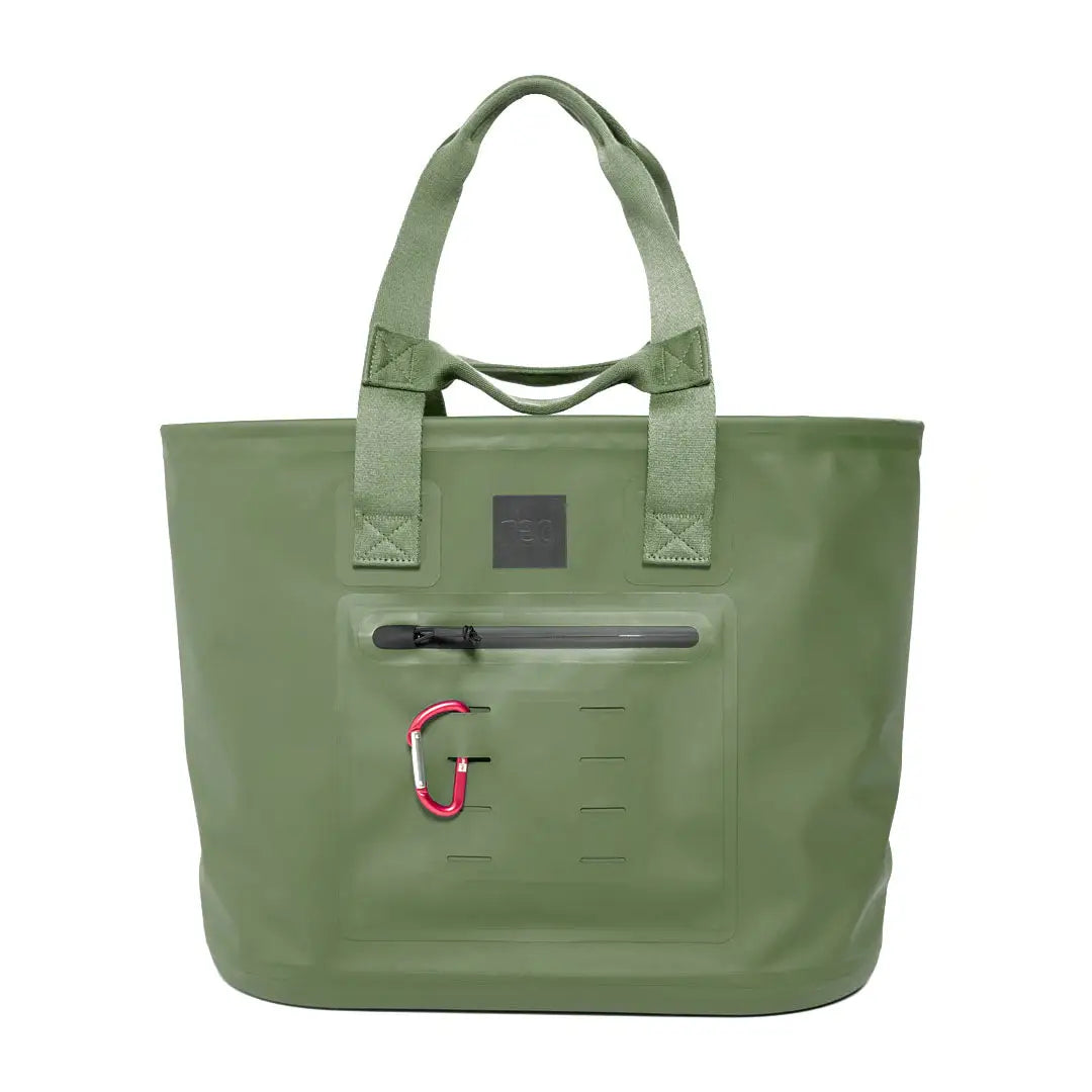 Green tote bag featuring multiple pockets and carabiner attachment for a stylish waterproof tote