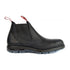 Black leather Redback Boot with blue translucent sole and red pull tabs