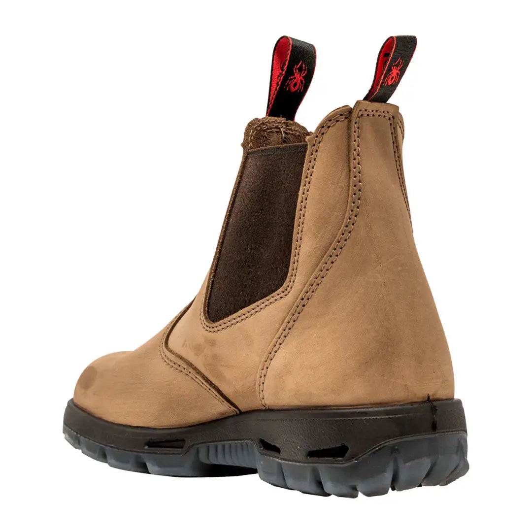 Tan leather Chelsea-style Redback Bobcat Soft Toe Boots with thick black rubber sole