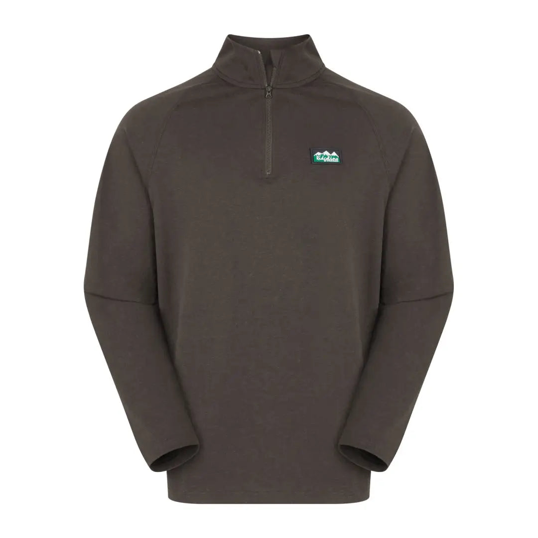 Dark brown quarter-zip pullover sweater for hunting or outdoors, featuring a teal logo