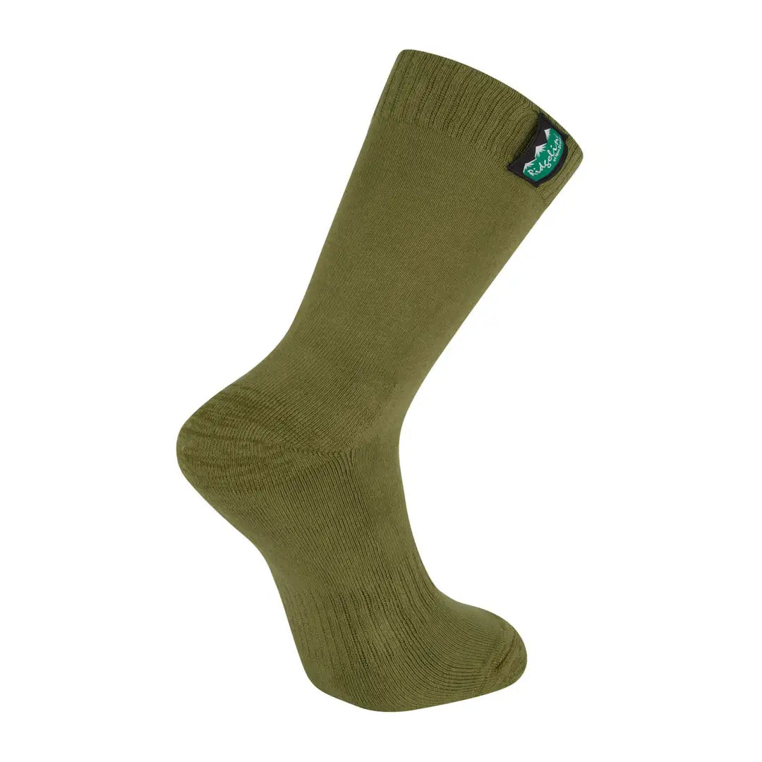 Olive green cotton work socks featuring a teal logo at the top for style and comfort