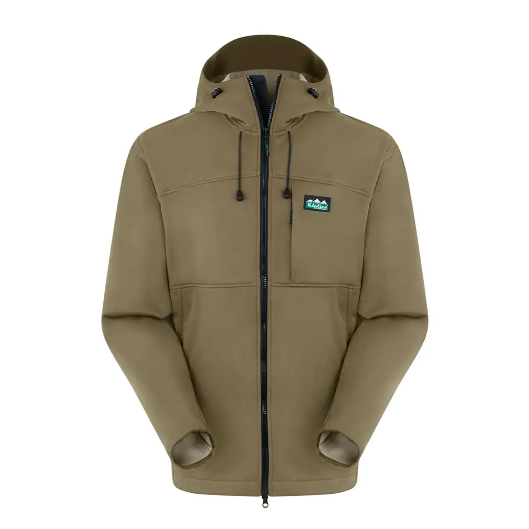 Tan hooded Ridgeline Gradient Jacket with zipper and logo patch for style in the British Isles