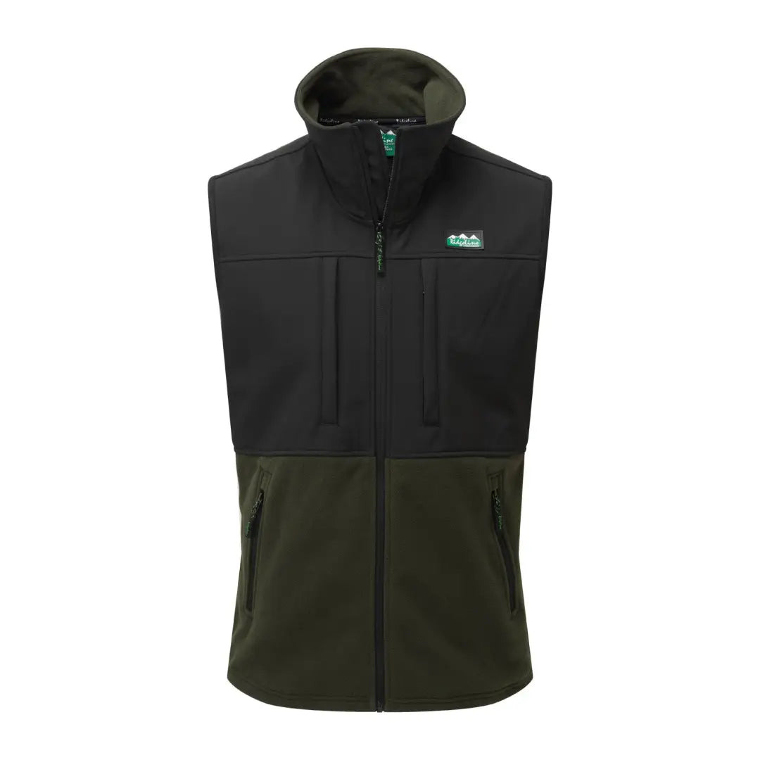 Sleeveless Ridgeline Hybrid Fleece Gilet with black upper and dark green lower, full zipper