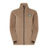 Tan fleece jacket with zipper and logo patch for stylish country clothing and outdoors