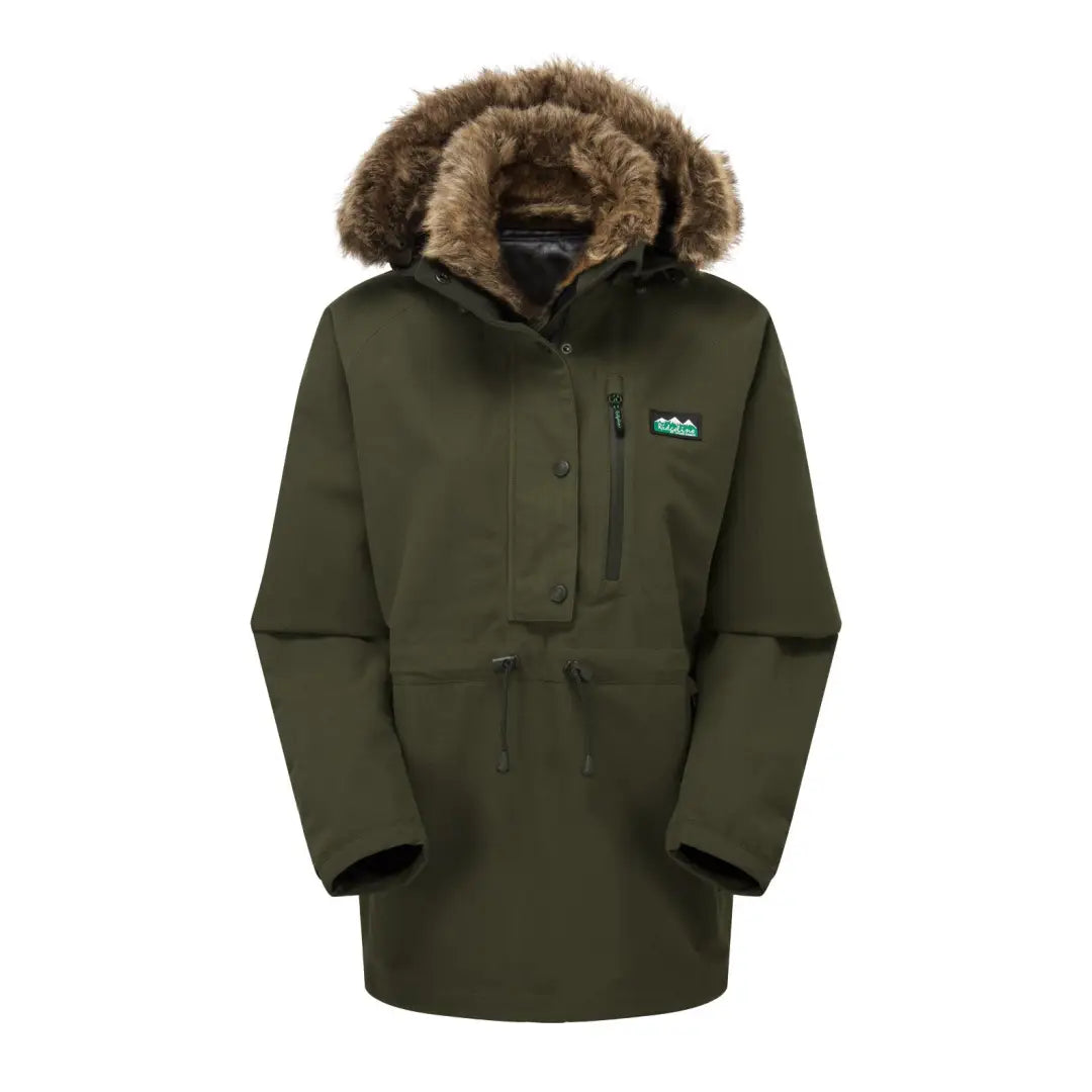 Dark green Ridgeline Monsoon II Arctic Smock with fur-trimmed hood for extra warmth