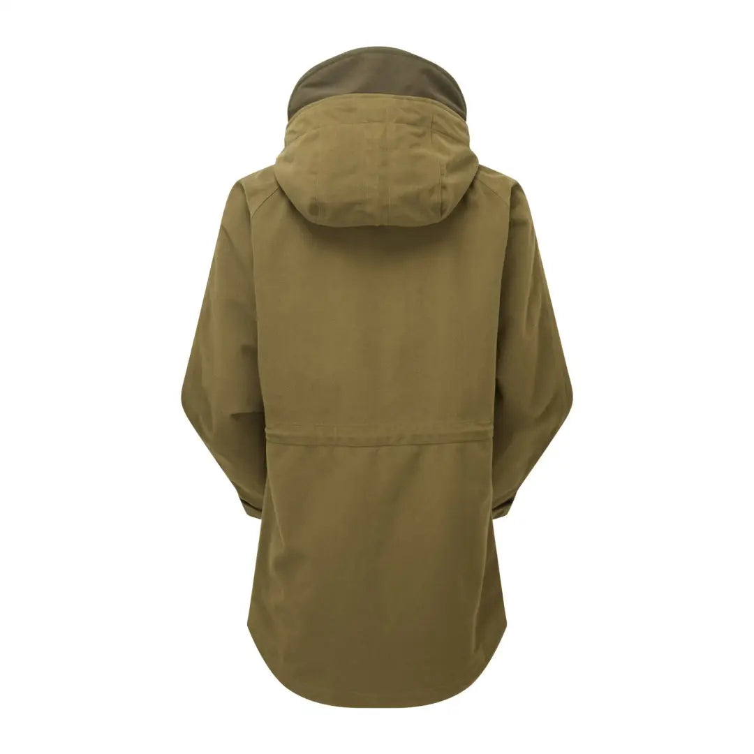 Olive green hooded jacket back view featuring two hip zips, Ridgeline Ladies Monsoon style