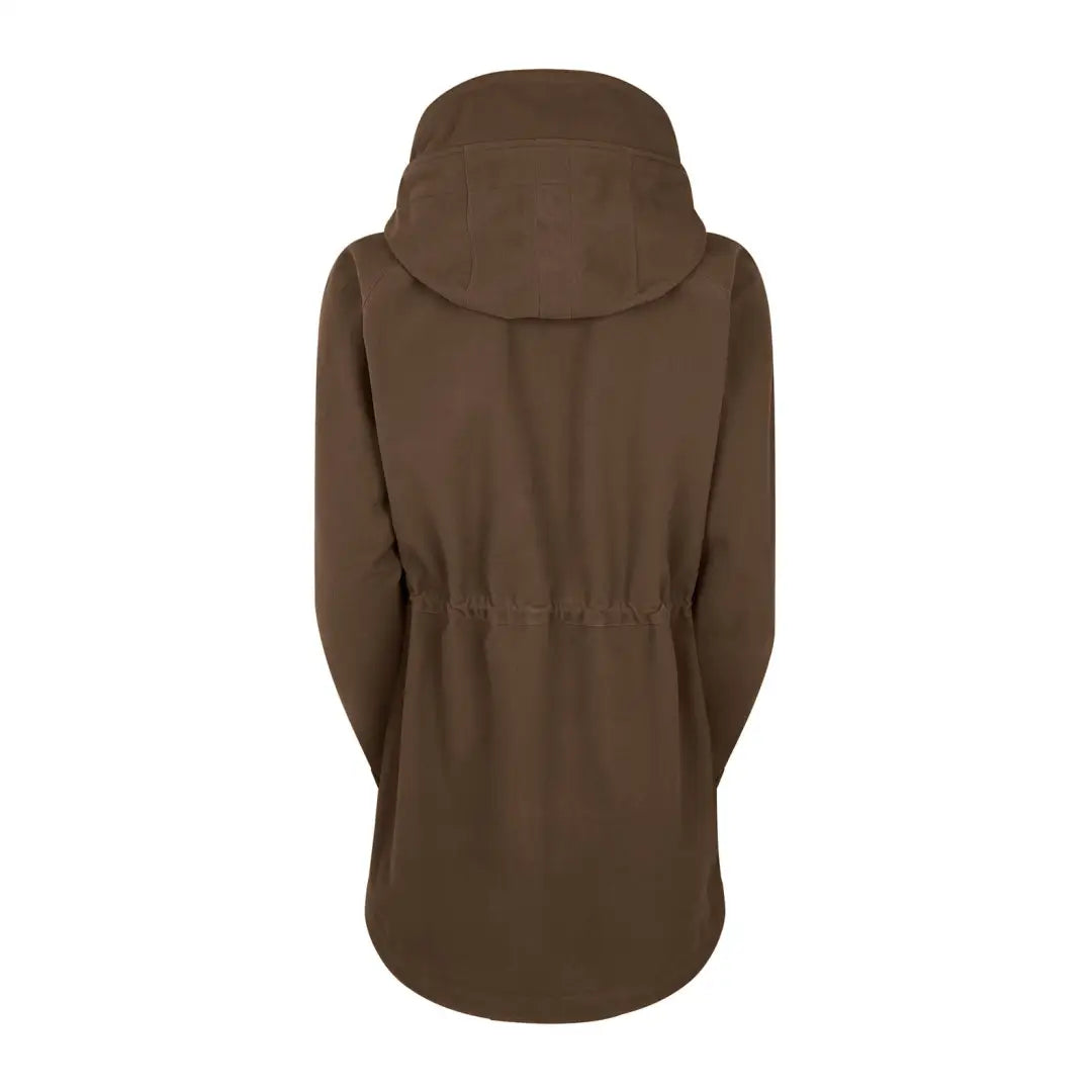 Brown hooded coat with cinched waist, perfect for country clothing and hunting adventures