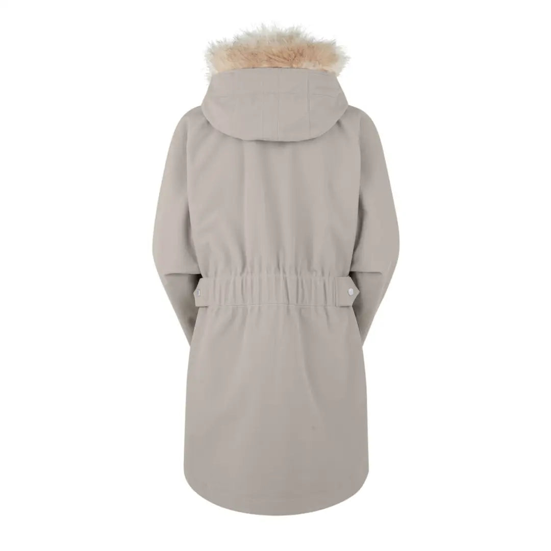 Light gray Ridgeline Monsoon Nordic Jacket with fur-trimmed hood and cinched waist