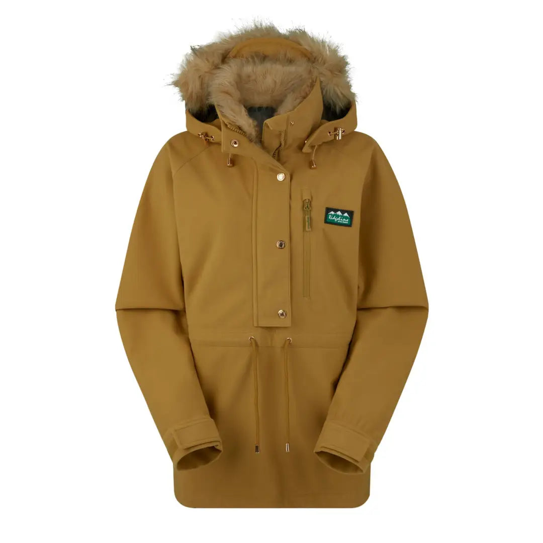 Mustard winter parka with fur hood, perfect for your Monsoon Nordic Smock style