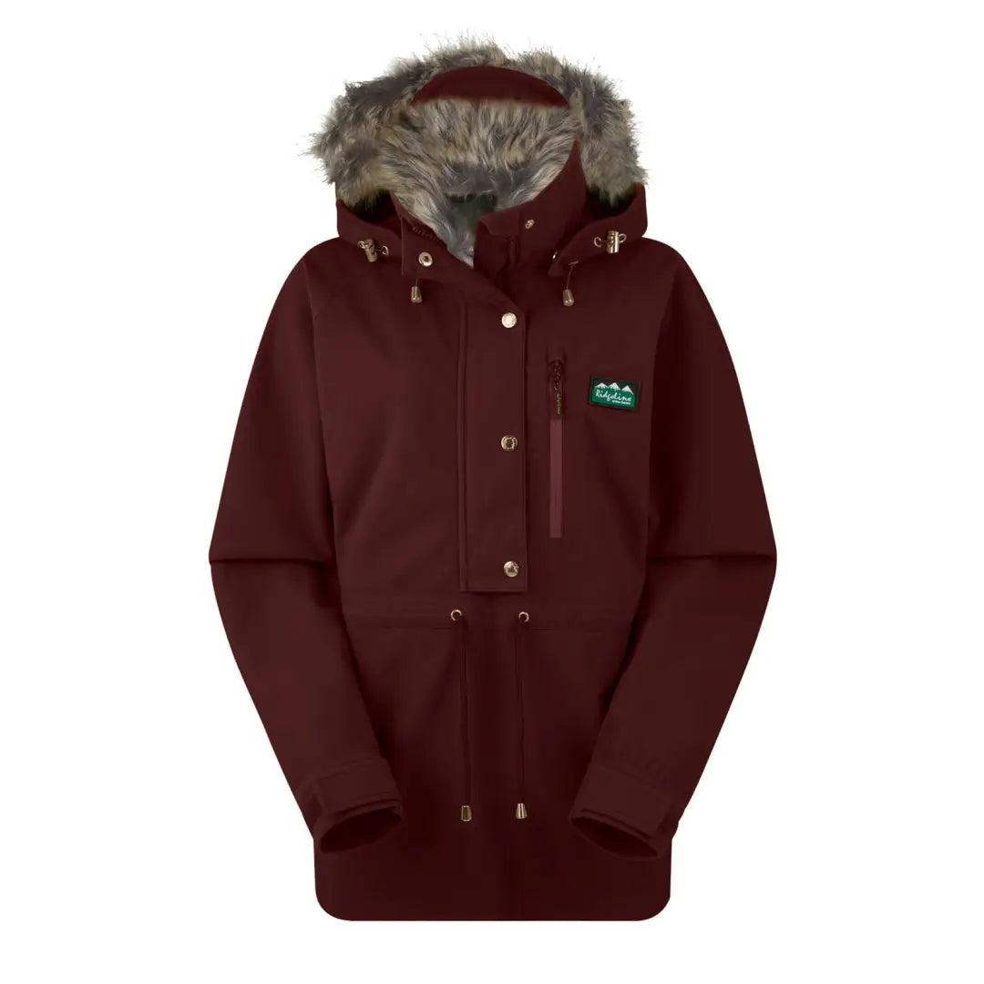 Burgundy winter coat with fur-lined hood and green logo patch for Monsoon Nordic Smock