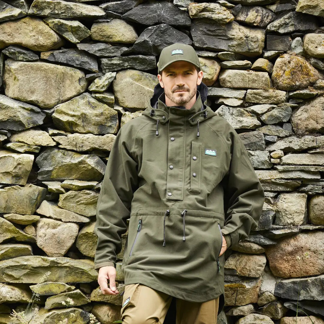 Olive green Ridgeline Monsoon Classic Waterproof Smock with pockets and matching cap