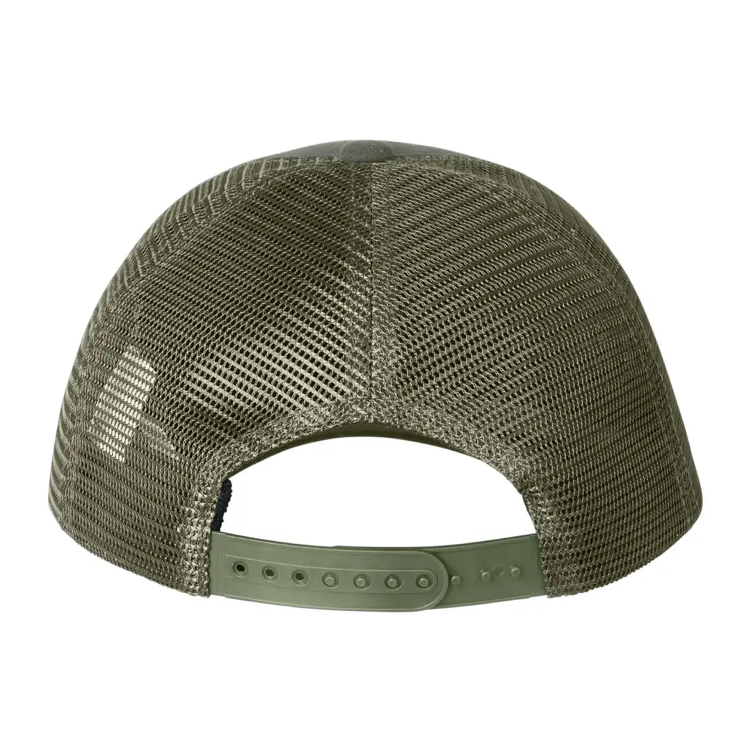 Olive green mesh-backed Monsoon Trucker Cap with adjustable snap closure