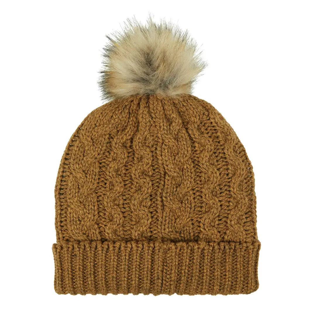 Knitted brown Nordic Fleck Bobble Hat with a furry pom-pom on top