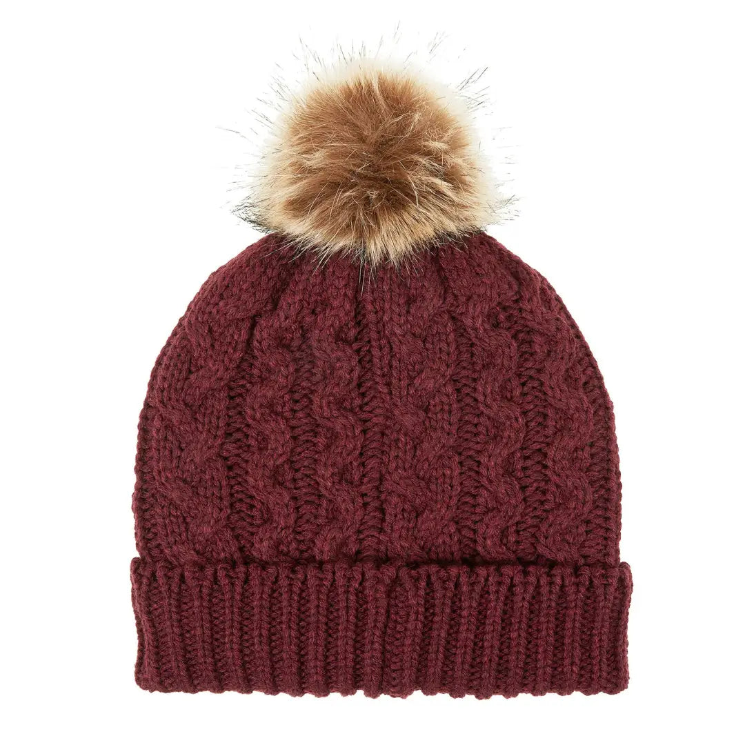 Burgundy Nordic Fleck Bobble Hat with tan fur pom-pom on top for cozy winter style