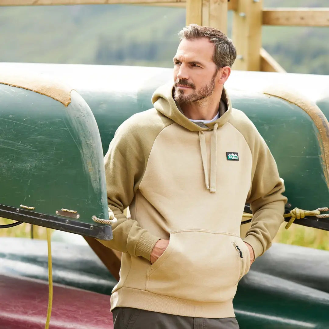 Beige Ridgeline North Island Hoodie featuring a small logo patch. Perfect for casual wear