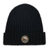 Black knitted beanie with mountain patch, perfect for country clothing and hunting