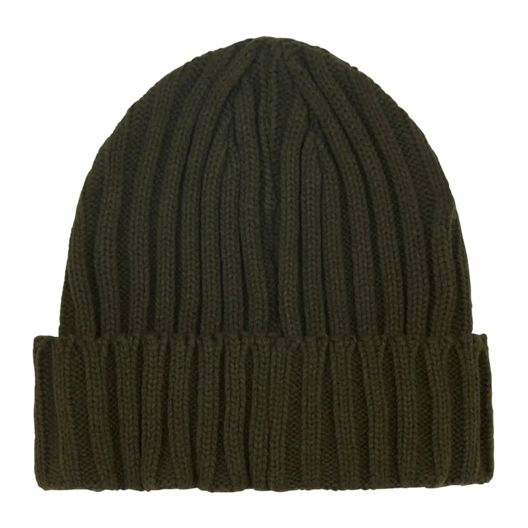 Dark green knitted beanie with ribbed texture perfect for country clothing and hunting