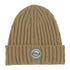 Beige knitted beanie with logo patch perfect for country clothing and hunting adventures