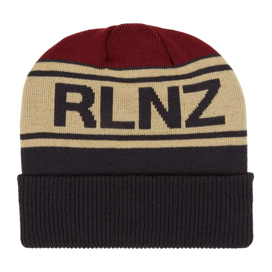 Knit beanie hat in burgundy, tan, and black featuring RLNZ text for a stylish look