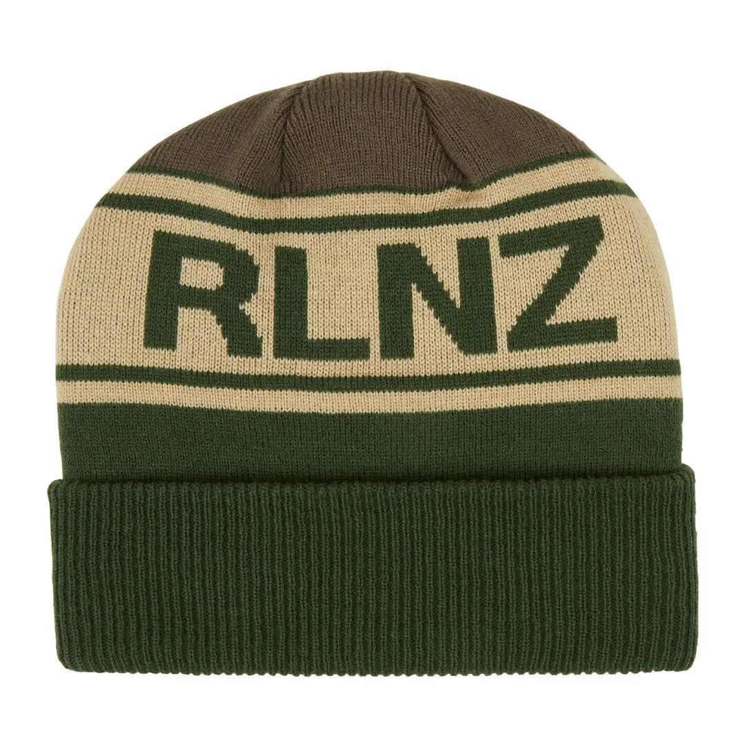 RLNZ Knitted Beanie in green and tan colors, perfect for chilly days and style